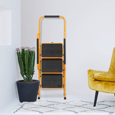 3-step Foldable Step Ladder – Ginger Yellow Steel Step Stool With Non-slip Surface & Low Handrail, For Bedroom/closet/living Room/household Daily Tasks Must-have