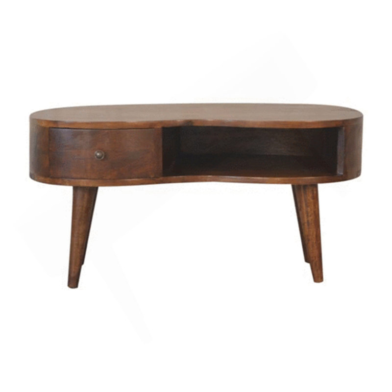 Table basse Chestnut Wave, pieds nordiques, 1 tiroir, 1 rangement ouvert