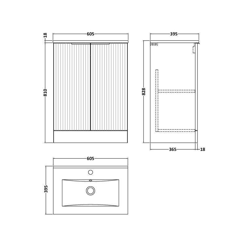 Fluted Single Bathroom Vanity with Drop In Vitreous China Basin, Satin Anthracite, 600 mm
