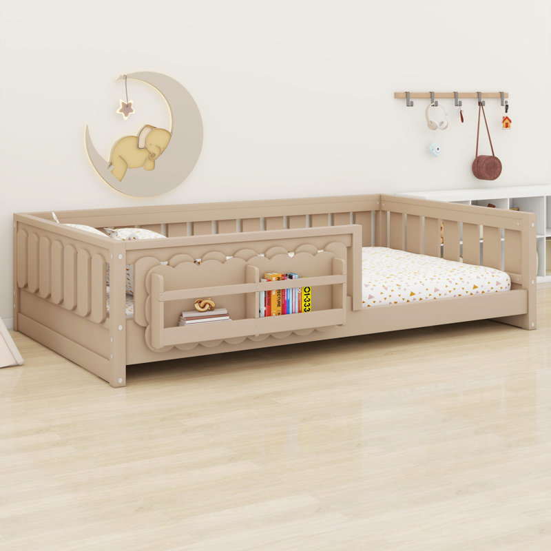 Low Profile Wood Platform Bed with Guardrail and Convenient Storage Shelves, Natural, Twin