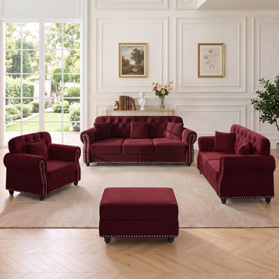 4-Piece Mid-Century Modern Velvet Chesterfield Living Room Set