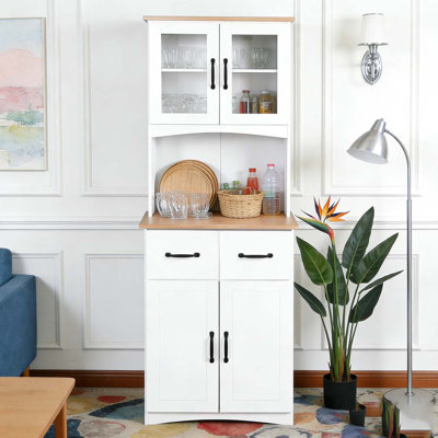 Armoire de cuisine en bois avec garde-manger et micro-ondes avec portes en verre encadrées et tiroir