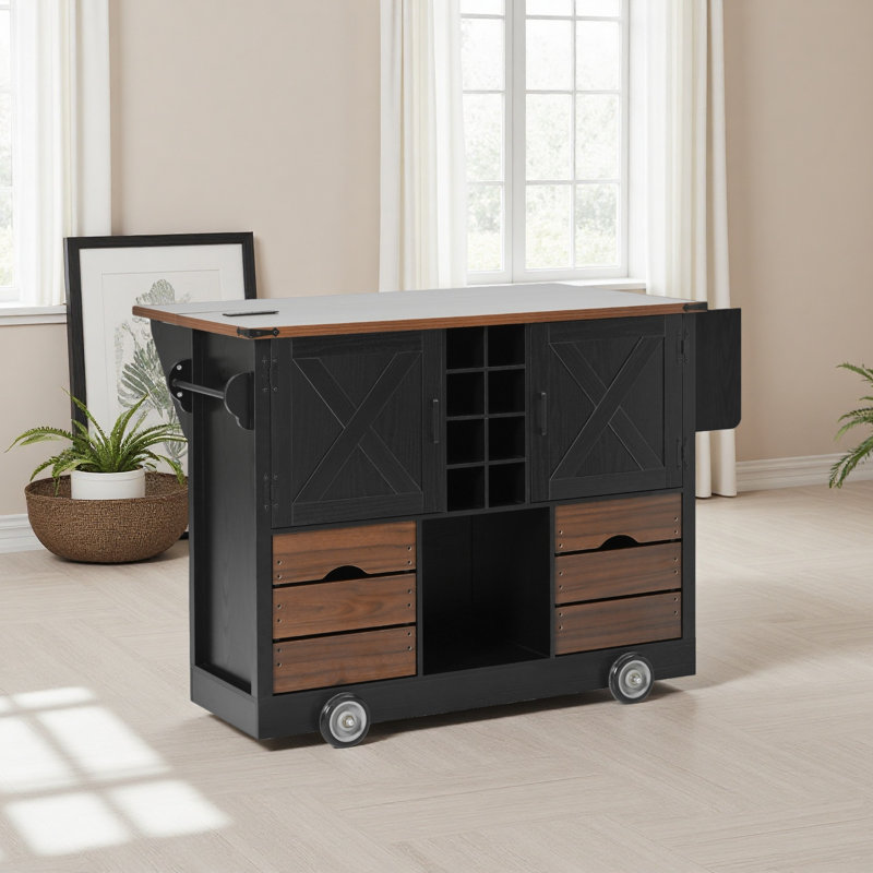 54" Farmhouse Kitchen Island With Drop Leaf, Power Outlet, Kitchen Storage Cart With 2 Doors, 2 Drawers, Rolling Kitchen Island On 4 Large Wheels With Spice Rack