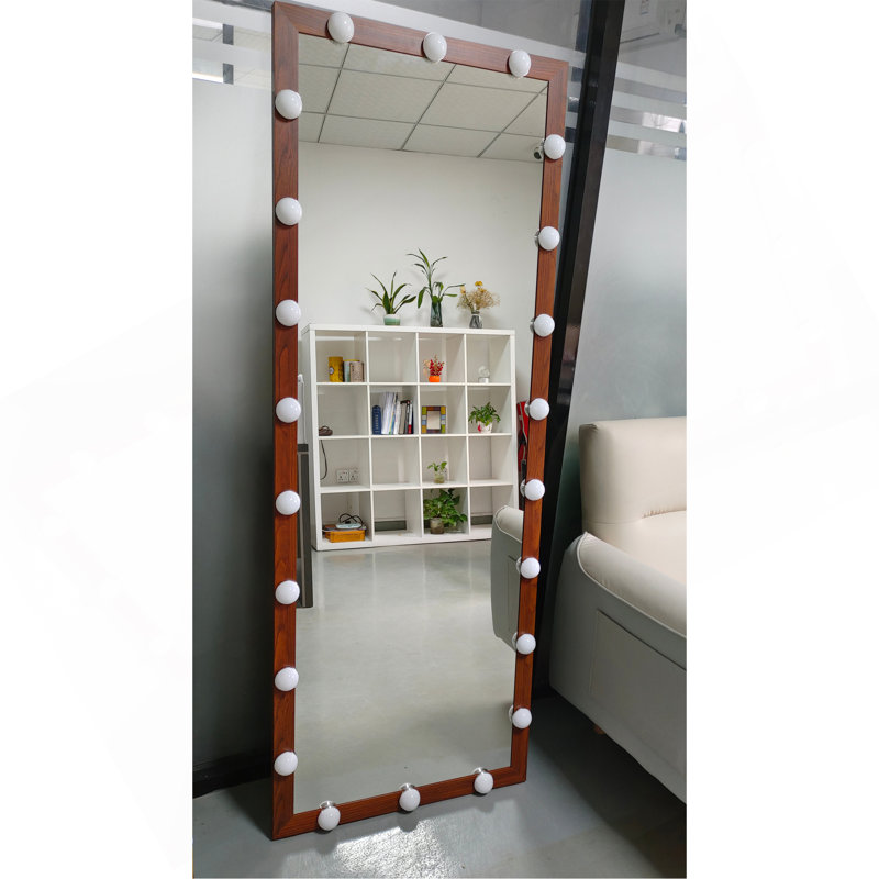 Hollywood Full Length Mirror With Lights Full Body Vanity Mirror With 3 Color Modes Wall Lighted  Standing Floor Mirror For Dressing Room Bedroom Hotel Touch Control Walnut 62.6"X23.3"