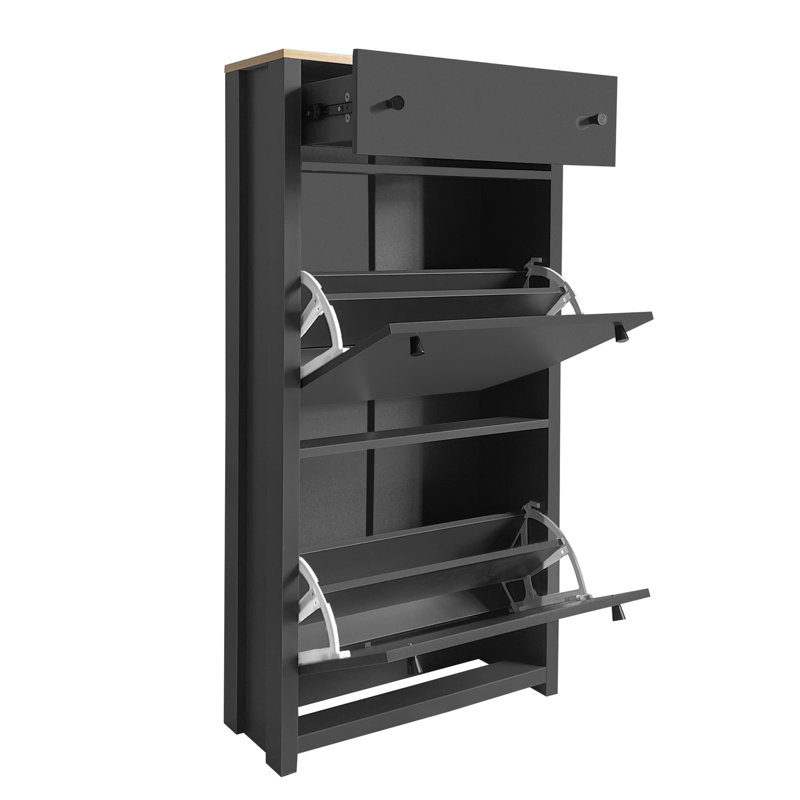 Armoire à chaussures moderne grise, 6 tiroirs avec tablettes réglables, motif grain de bois, 4 tiroirs de rangement gris et 2 tiroirs supplémentaires