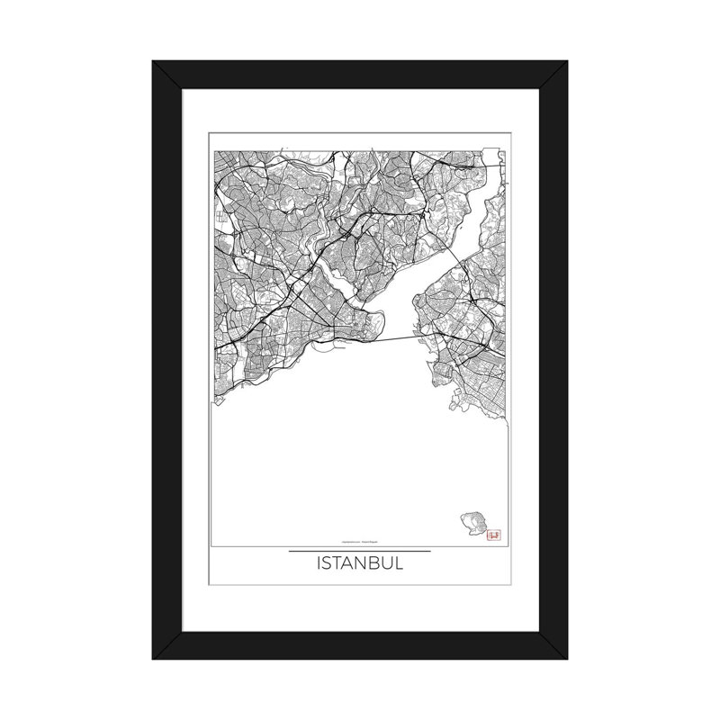 «Istanbul Minimal Urban Blueprint Map», impression sur toile, H 32 po x l 24 po x P 1 po, Papier d'art encadré noir, Blanc