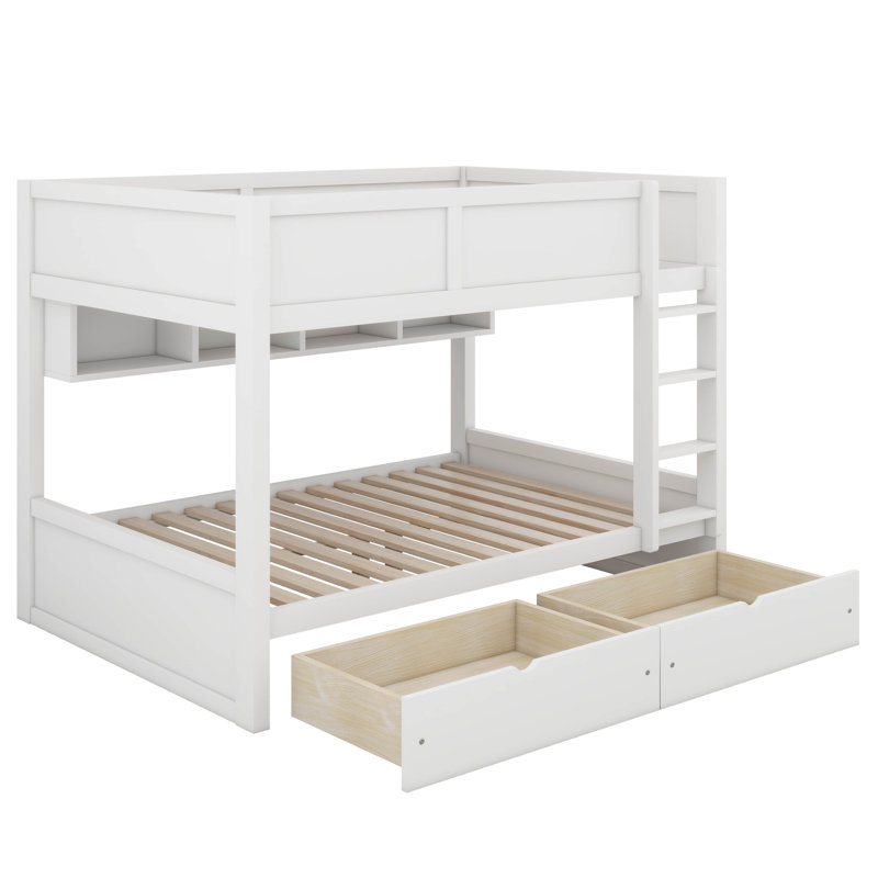 Full XL Over Full XL Bunk Bed With 2 Drawers, Wood Bunk Bed With Storage Cabinets And LED Lights, No Box Spring Needed, White