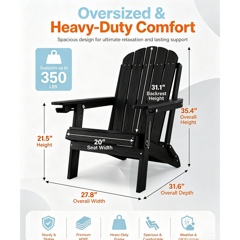  Weather Resistant Folding Plastic Adirondack Chair with Cup Holder & Adjustable Back for Adults, Black
