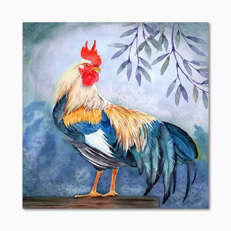 Coq coloré, longue queue émeraude, coq rouge - reproduction d'art sur toile traditionnelle, Toile tendue