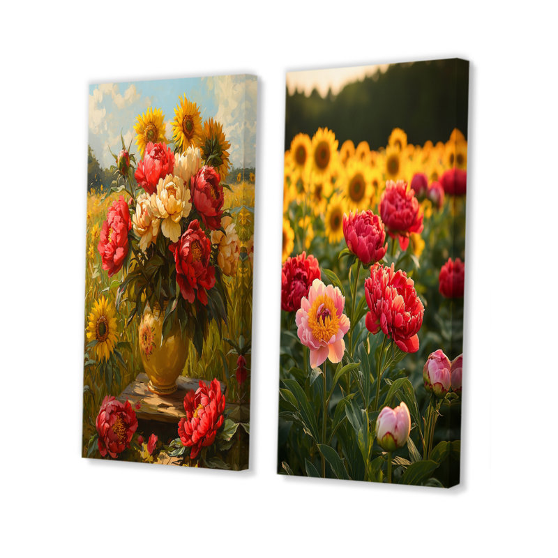 Pivoines par le champ de tournesols I - décoration murale en toile florale 2 panneaux, H 28 po x l 25 po, Toile tendue