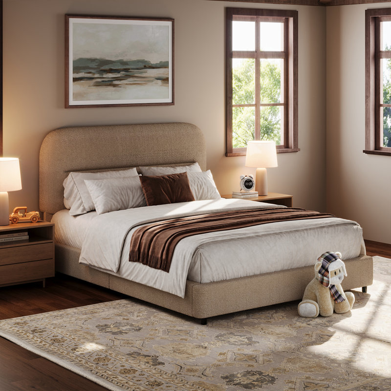 Base de lit plateforme Manfrid, collection Cloud avec revêtement Boucle et tête de lit arrondie, pied de lit épaissi, Beige