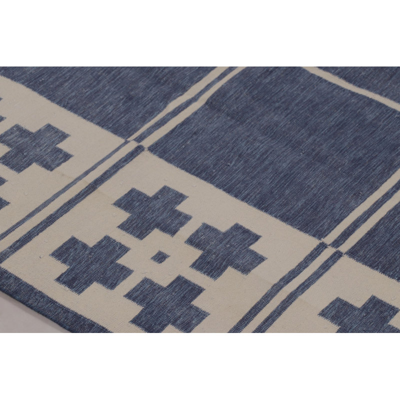 Rug & Kilim’S Contemporary India Dhurrie Rug In Navy And Beige Grid