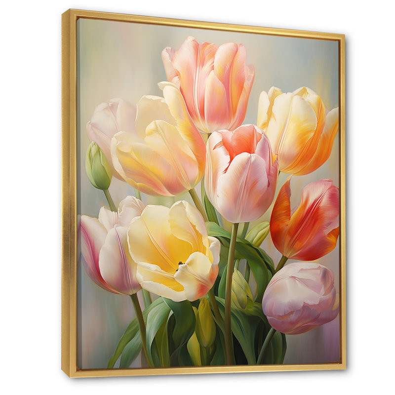 Tulipes, impression romantique - impression sur toile florale, Cadre flottant doré, H 44 po x l 34 po x P 1,5 po