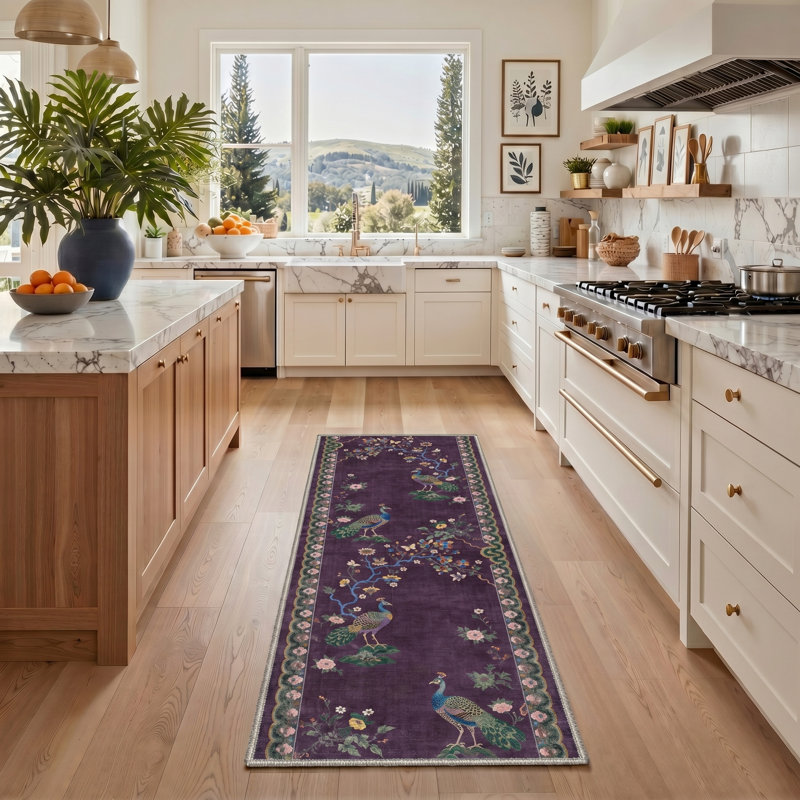 Alfred Peafowl Floral Machine Washable Purple / Green Indoor Area Rug with Non-Slip Backing, Runner 2' x 7'