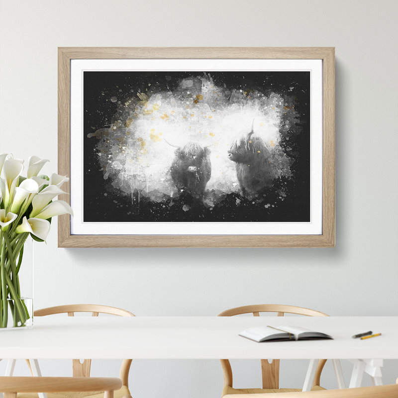 Two Highland Cows - Picture Frame Graphic Art Print, 24cm H x 33cm W x 2cm D, Oak Framed