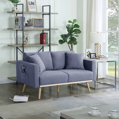 Causeuse en tissu de lin gris foncé de 56,5 po avec poches de chargement USB et coussins