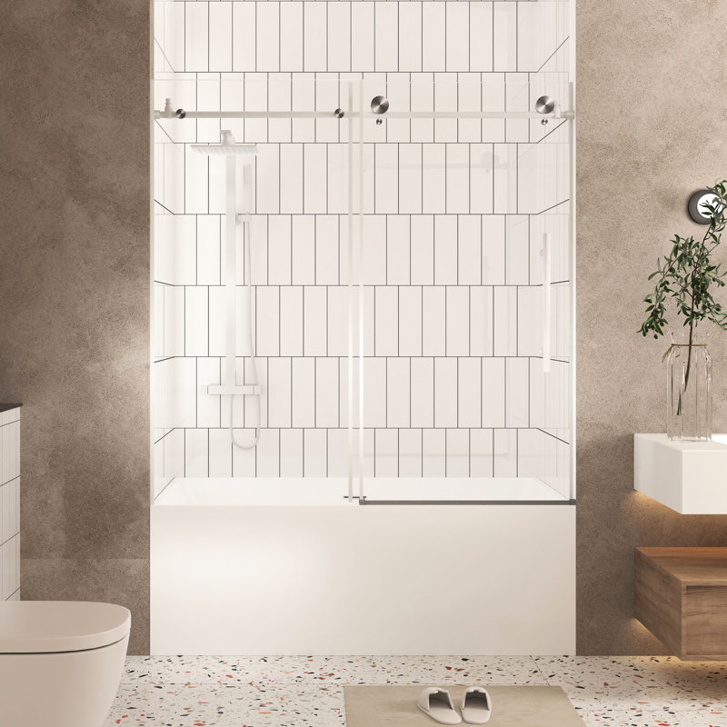 56 - 60" Wide Shower Door High, 6 Mm Thick Tempered Glass, Shatter Barrier Layer, Corrosion Stainless Steel Stick, Brushed Nickel Shine Large Wheels For Silent Glide Film, Rod, Glow Smooth Travel