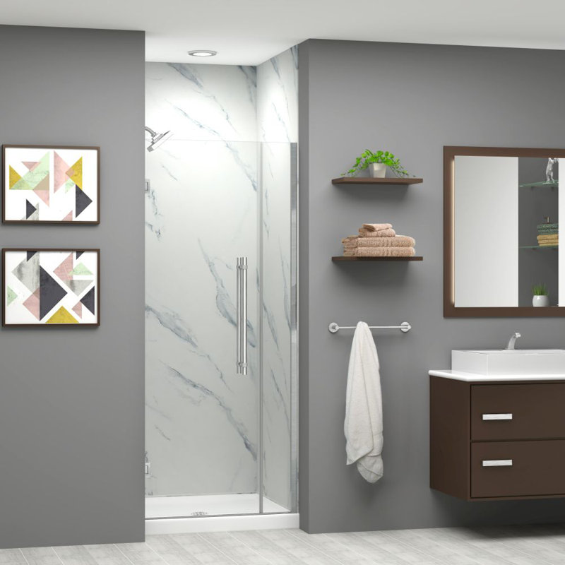 Porte de douche à charnière en bronze champagne avec verre transparent l 32 po x H 76 po Transolide Elizabeth