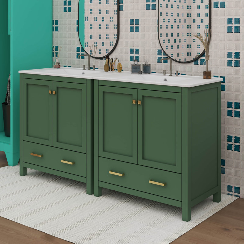Ensemble de meuble-lavabo de salle de bain 60 po, Vert, Doré