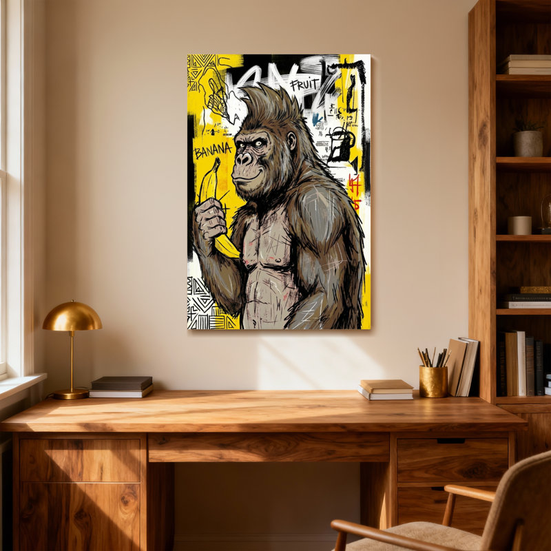 Animaux, gorille tenant un motif de fond graffiti de banane, H 48 po x l 32 po