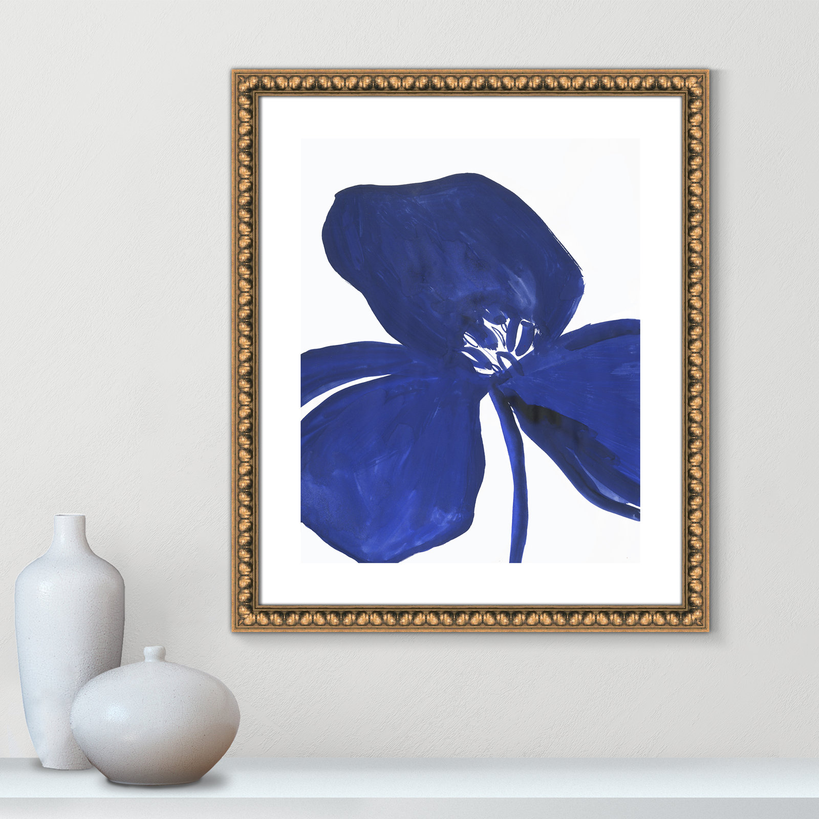 Clarisse "Indigo Petal II" Painting, 26.5" H x 22.5" W x 1.13" D, Gold Bead Framed Paper