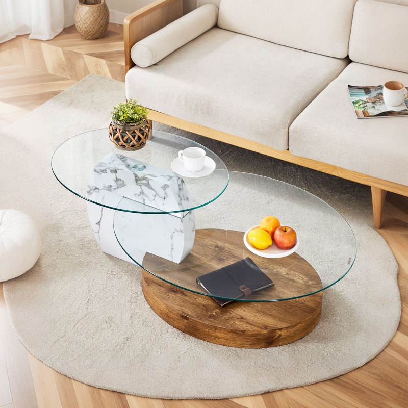 Double Clear Glass Oval Single Coffee Table, Brown/White
