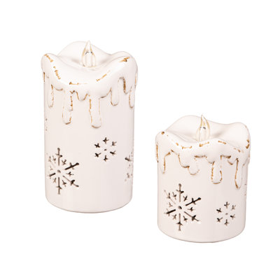 LED Ceramic Candle with Snowflake Cut-out Table Decor Set of 2