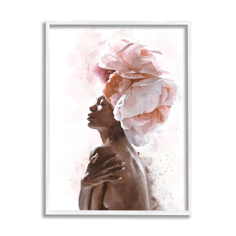 Portrait d'une femme afro-américaine à couronne florale rose, Giclée encadrée blanc bord de mer, H 30 po x l 24 po