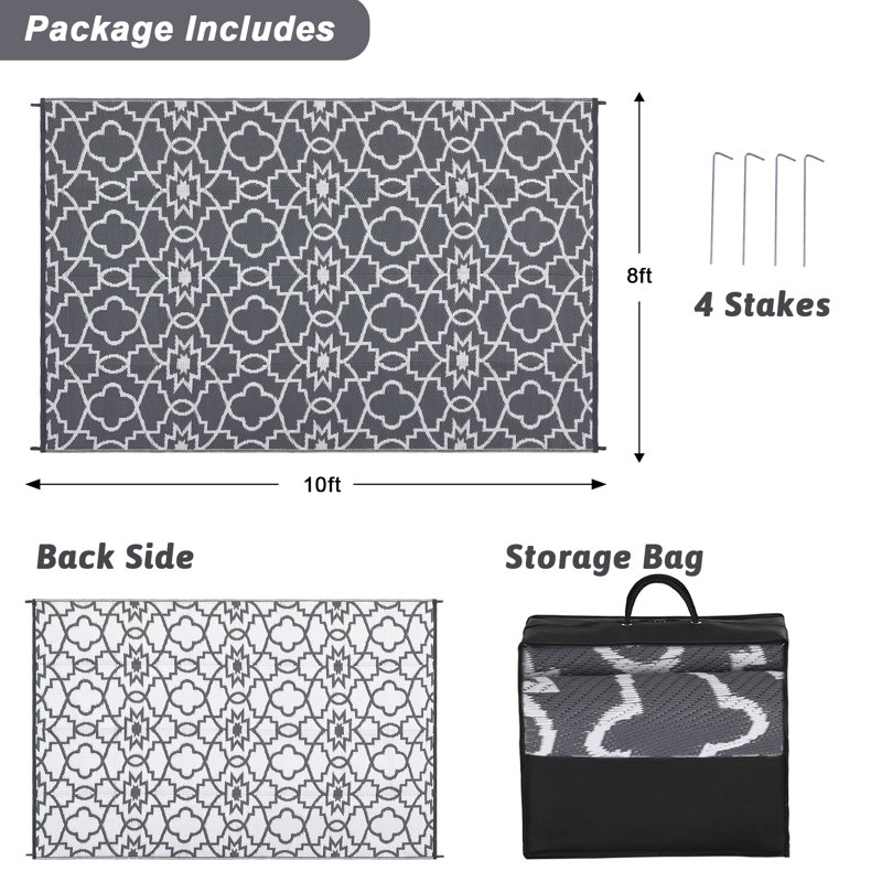 Waterproof Outdoor Rug 8x10 Reversible Plastic Woven Straw Mat with Modern Floral Geometric Design -  for Camping, RVs, Patios, Backyards, Decks, Picnics, and Beach Use, Gray