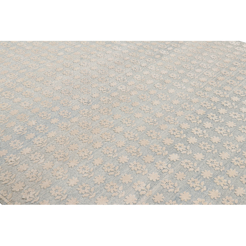Rug & Kilim’S Modern Block Print Rug In Blue With White Floral Patterns, Square 4'