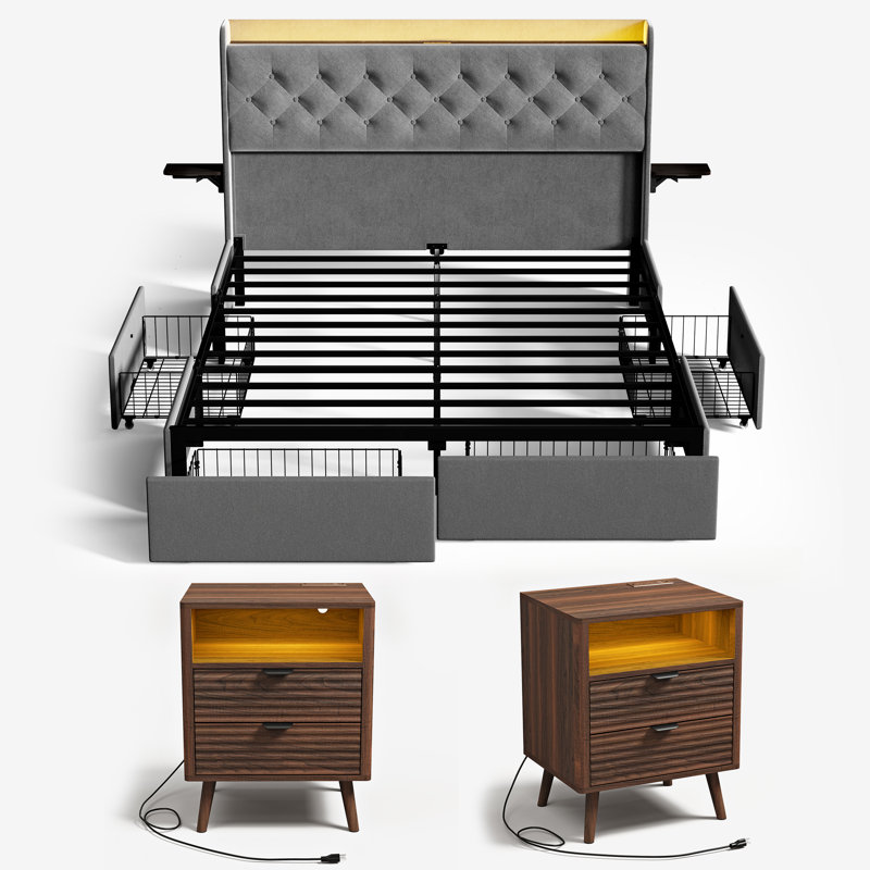 Ensemble de chambre à coucher 3 pièces, lit tapissier avec 4 tiroirs et 2 tables de chevet, Gris/noyer, Grand lit