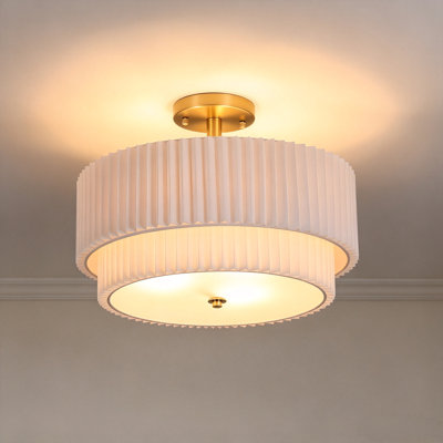 Plafonnier semi-encastré moderne en tissu plissé de 43 cm (17 po), 3 lumières E26 avec verre, fini doré