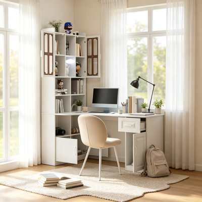 Bureau d'ordinateur en L 52,56 pouces avec huche et armoire de rangement, bureau d'écriture de coin avec bibliothèque et armoire en verre, blanc