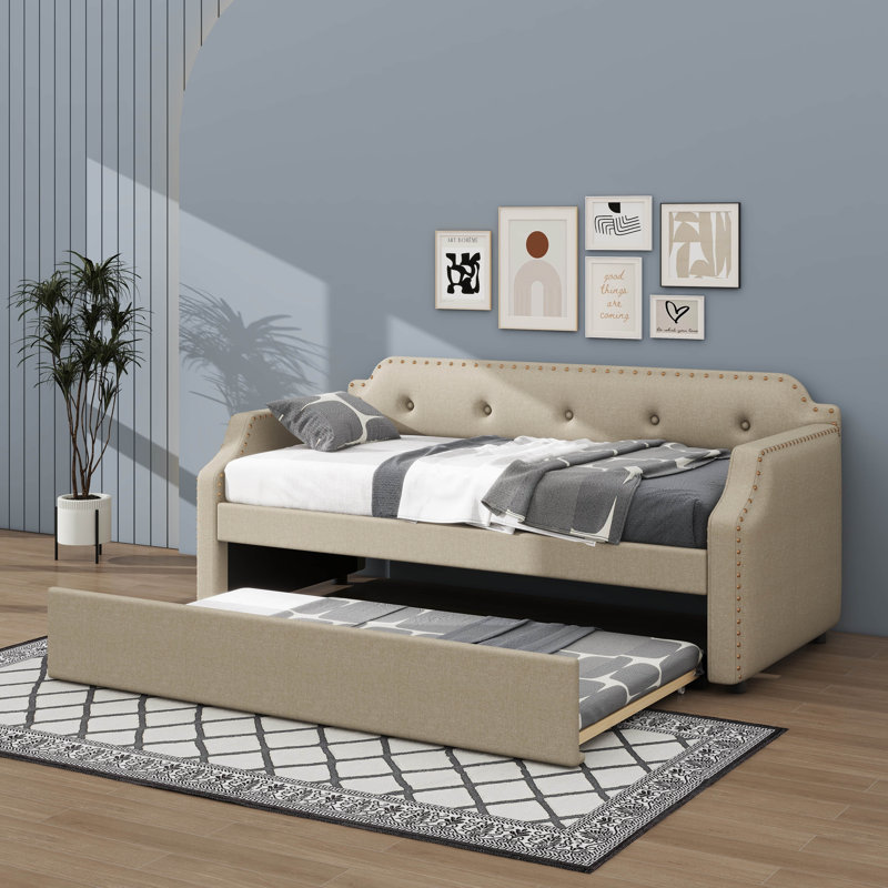 Lit de jour simple recouvert de tissu avec couchette coulissante, Beige