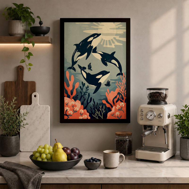 Orcas Rising to Light Coastal - Wrapped Canvas, 18x12 - 45.7 x 30.5 cm, Sage Border