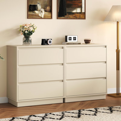 Large 3 Drawer Dresser Set of 2, Modern Nightstand for Bedroom, Wide Bedside Table with Hidden Pull-out System, Wooden Chest of Drawers for Living Room, Entryway, Beige