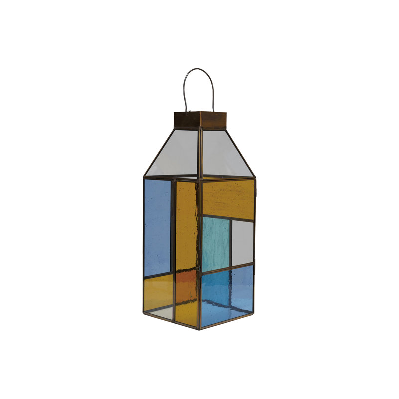 Porte-bougie en verre coloré et lanterne en cuivre