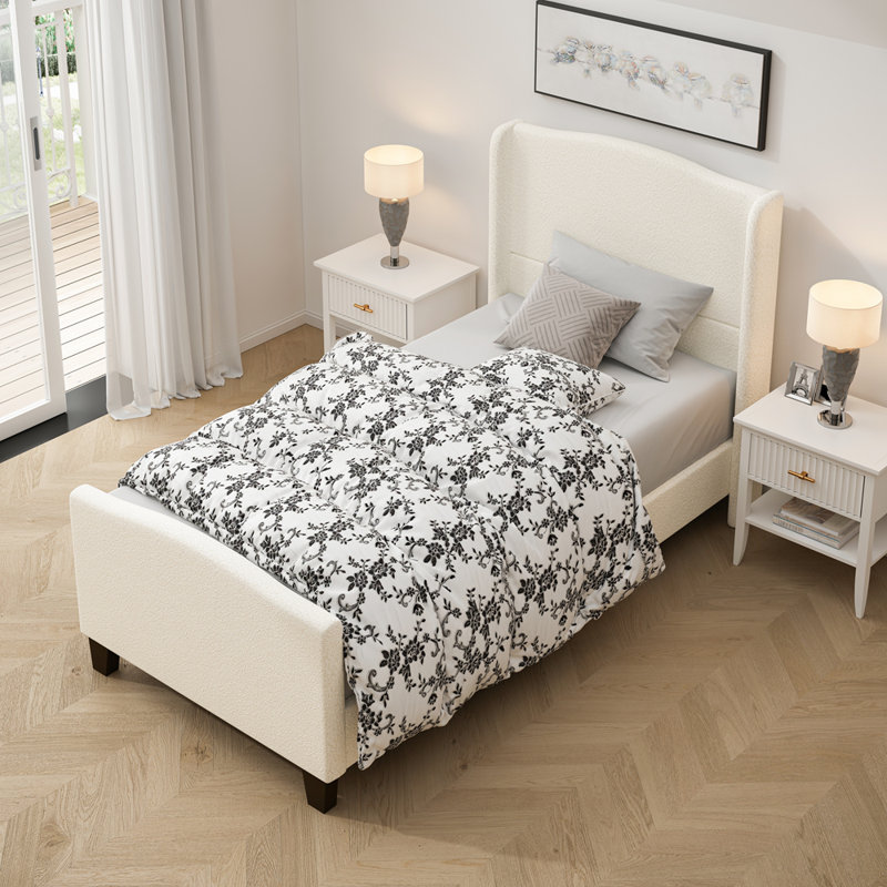 Bed Frame with High Back Upholstered Headboard, Twin, White