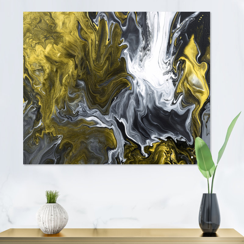 Jaune jaune et noir liquide Art Waves II - peinture sur toile, H 24 po x l 32 po, Toile tendue