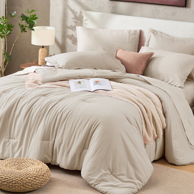 Sasttie Full Comforter Set 7-Piece Beige, Pre-Washed Bed in a Bag
