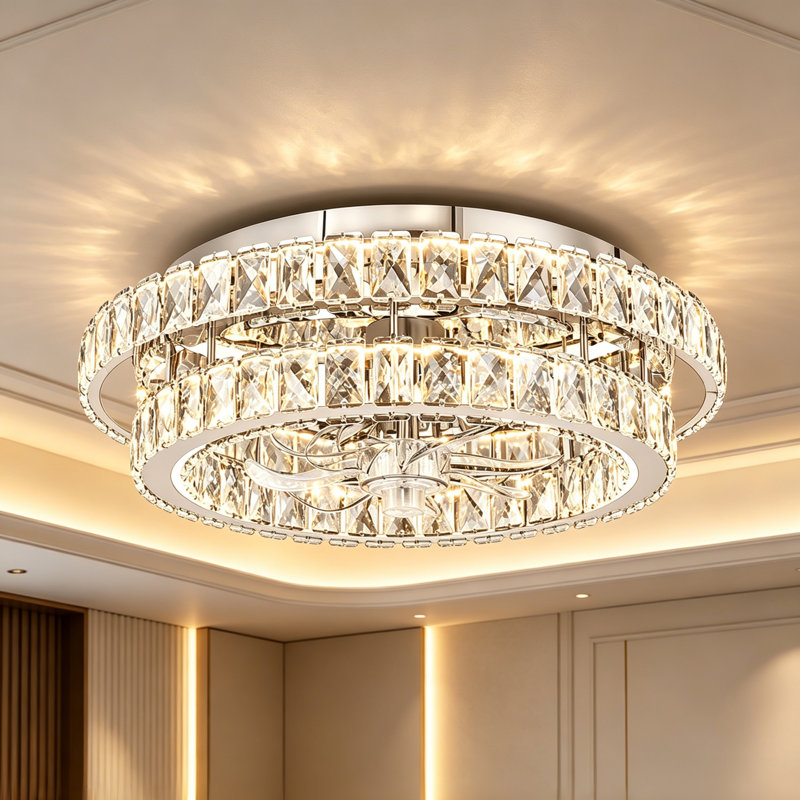 20 Inch Modern Crystal Ceiling Fan with Lights, Luxury Flush Mount Fandelier with Invisible Blades, Remote Control LED Chandelier Fan for Bedroom Living Room（Bulbs Included）