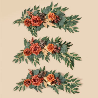 Ensemble de 3 pièces guirlande de fleurs artificielles orange brûlé, couronne de bougies, décor suspendu