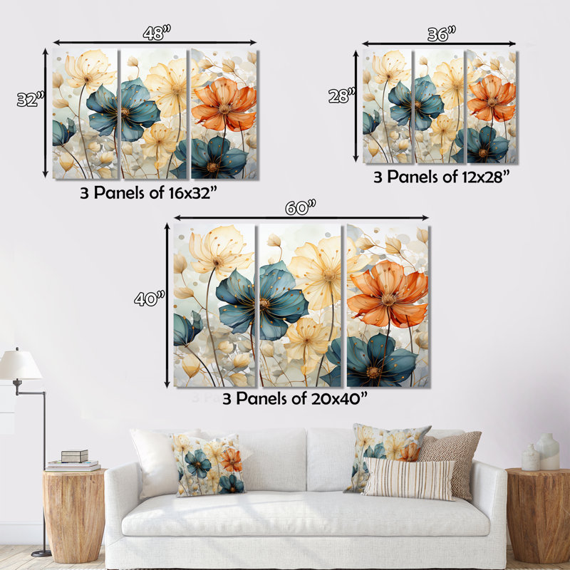 Mosaïque de pétales orange sarcelle I sur toile, 3 pièces, H 28 po x l 36 po x P 1 po