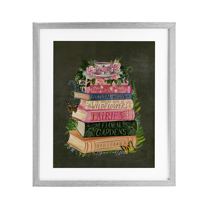 «Floral Fairy Book Stack», reproduction encadrée sous verre, design par Glad You Here Co., Cadre de ferme gris