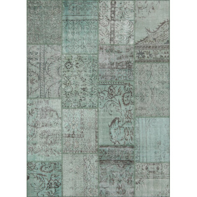 Tapis jaune-vert en laine / coton noué à la main Patchwork