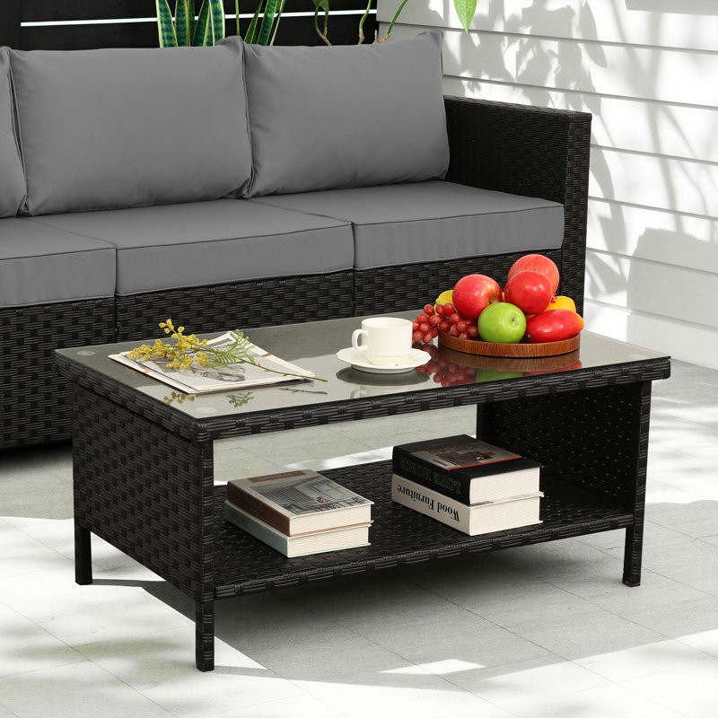 Table basse d'extérieur en osier 2 couches, Noir, noir, noir, noir