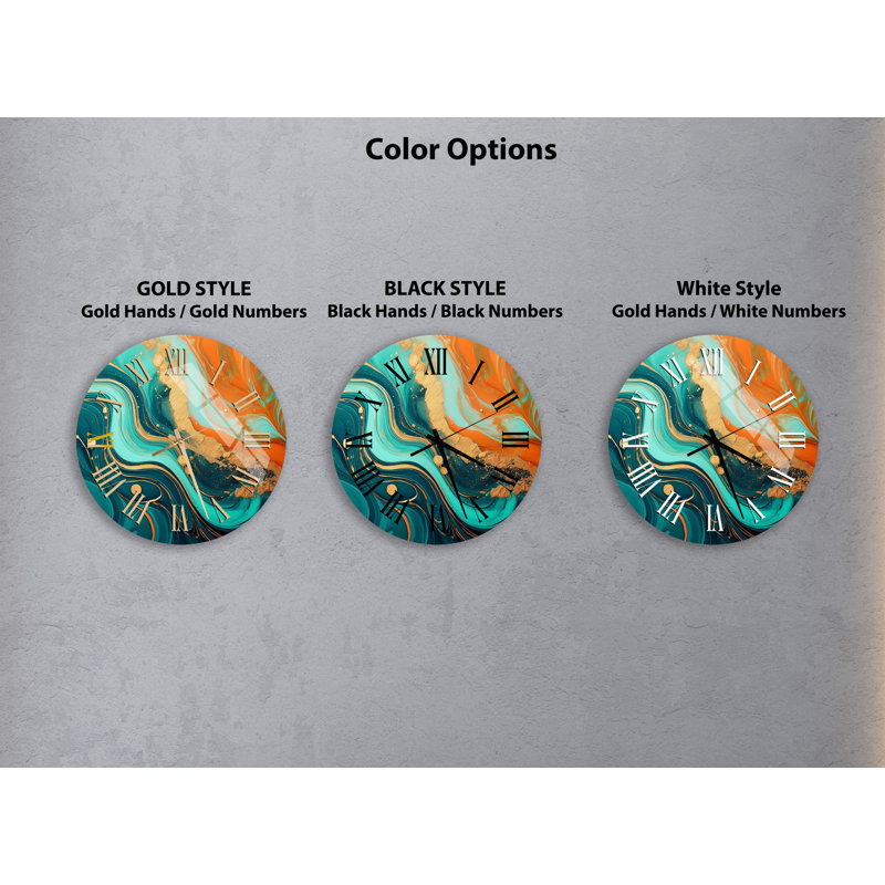 Horloge murale moderne abstraite sarcelle, orange et or tourbillon encre en verre trempé silencieux, Noir