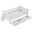 Structure de lit simple en bois avec garde-corps et 2 tiroirs de rangement, blanc-117986414