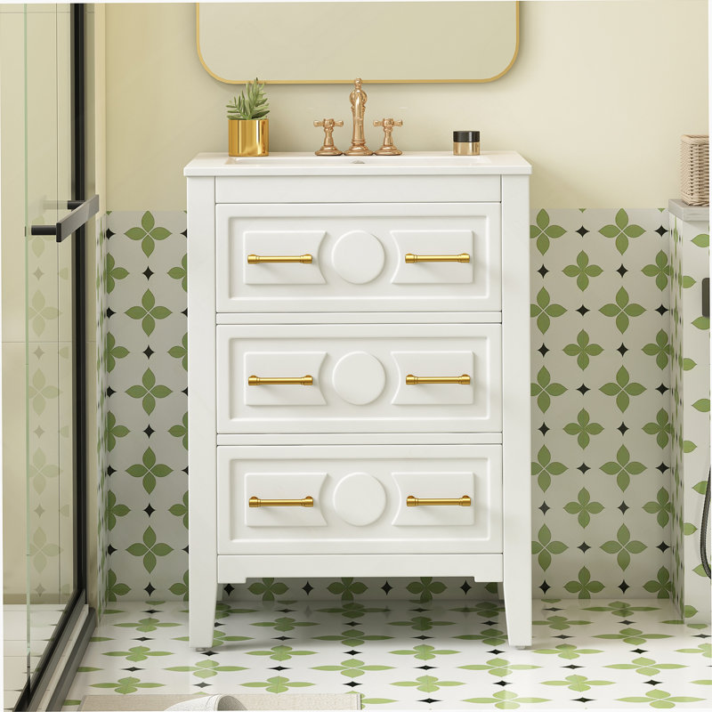 Ensemble de meuble-lavabo simple 24 po avec lavabo en céramique, ensemble de meuble-lavabo autoportant avec 3 tiroirs, cadre en bois massif, blanc