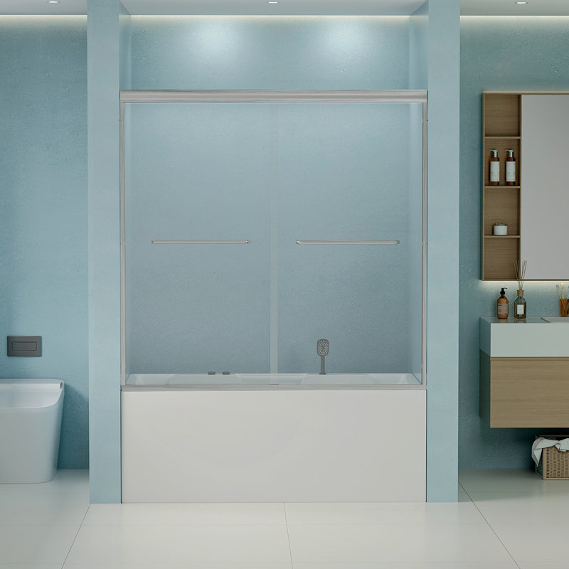 56"-60" W X 58" H Double Sliding Bathtub Shower Door, Semi-Frameless Bypass Tub Door, 1/4" (6Mm) Tempered Glass With Explosion-Proof Film, Adjustable Aluminum Alloy Frame, Brushed Nickel 24D03-T60BNX